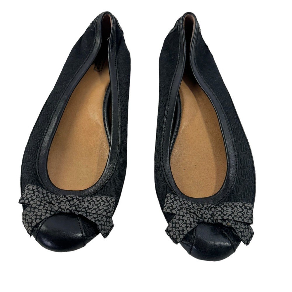Coach Saundra Ballet Flats Black Leather Canvas Monogram Logo Front Bow Size 11B